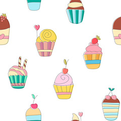 Cute funny seamless pattern with cartoon sweet cupcakes.