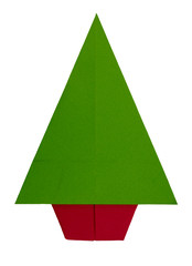 Origami, folded paper Christmas tree isolated on white.