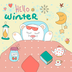 Vector cartoon illustration with bear. Hello winter card.