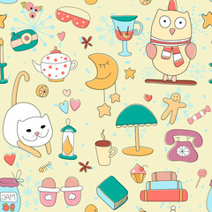 Hello winter and cozy evening illustration.Seamless pattern.