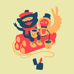 Cat and owl drink coffee