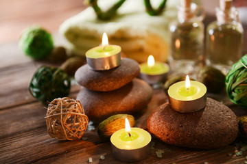 Composition of spa treatment on wooden background