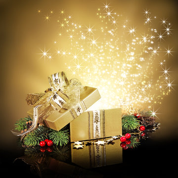 Christmas surprise gift box or present, exploding with glitters