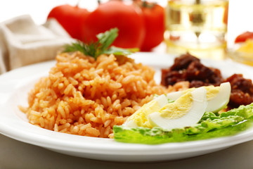 Tasty rice served on table, close-up