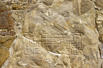 Carved stones of the ruins of Monte Alban in Oaxaca, Mexico