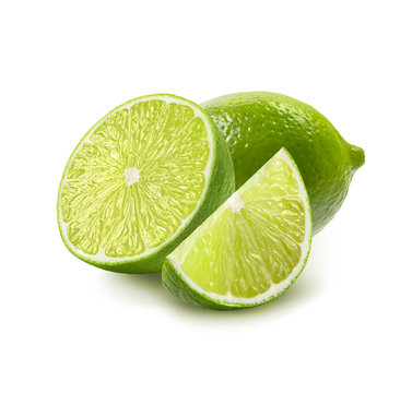 Whole, half and quarter piece lime isolated on white