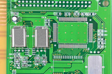 Printed computer motherboard with microcircuit, close up