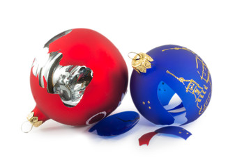 two broken Christmas balls isolated on a white background