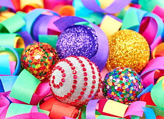 New Year 2015 decoration, colorful serpentine and balls