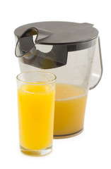 Carafe with orange juice isolated on white background