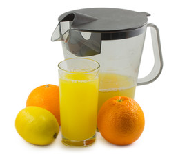 Carafe with orange juice isolated on white background