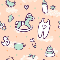 Vector seamless pattern with cute baby icons.