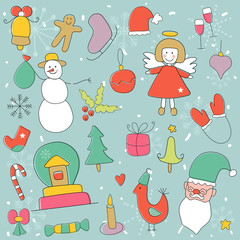 Fototapeta na wymiar Christmas icon set in color. Vector doodle illustration.