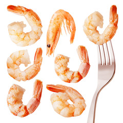 Cooked shrimps with tails, isolated on white background