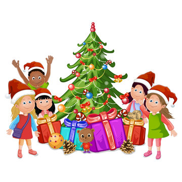 Christmas tree and happy kids