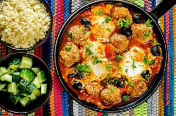 meatballs with olives and egg in tomato sauce