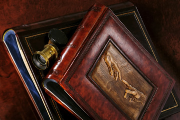 Expensive leather photo album with a reproduction of Da Vinci