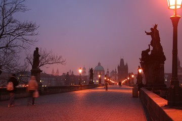 Dawn on Charles Bridge in Prague