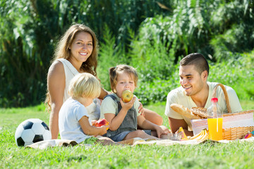 Fototapeta premium Happy family of four having picnic