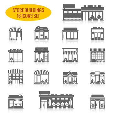 Store building icons set black