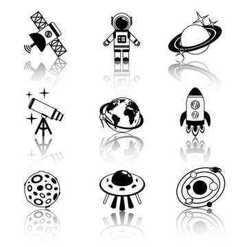 Space icons black and white set