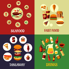 Seafood, fast food and drinks flat icons