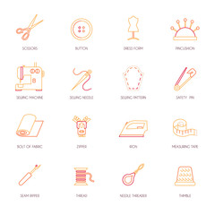 Sewing equipment icons set flat line