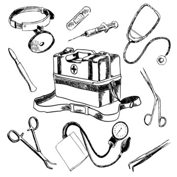 Doctor  Medical Accessories Sketch Icons Set