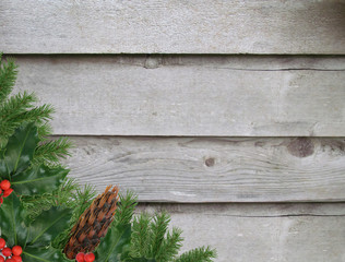 Old wooden wall with holly berries and pine cones
