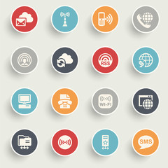 Communication icons with color buttons on gray background.