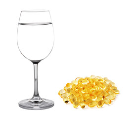 Glass of water and fish oil isolated on white background