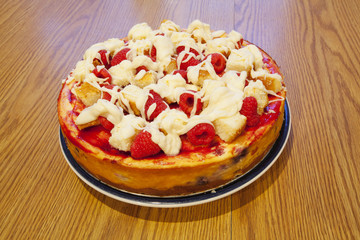 A raspberry white chocolate cheesecake.