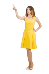 Woman pressing virtual button isolated on white