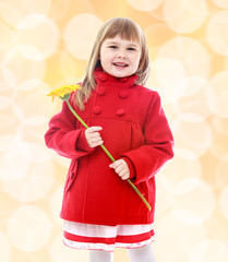 Little girl in a red coat and holding flowers.