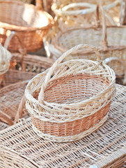 Handmade baskets for sale at a souvenir market in Romania