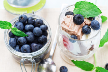 Fruit ice cream with ripe blueberries