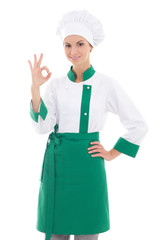 young chef woman showing okay sign isolated on white