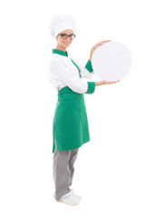 young chef woman in uniform holding big  tray with copy space -