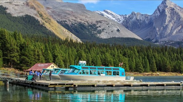 Boats on Maligne Lake in Jasper natioanal park, Alberta, Canada