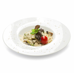 Freshly cooked vegetarian pasta with zucchini, broccoli, squash,