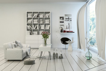 Compact modern white living room interior