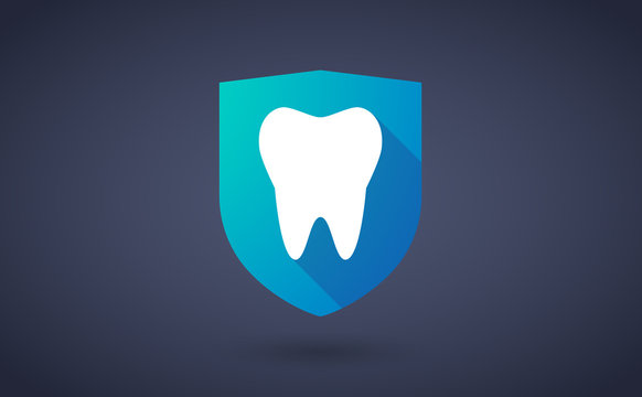 Long shadow shield icon with a tooth