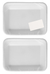 empty plastic wrapped food container with price label isolated