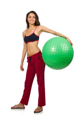 Woman exercising with ball isolated on white