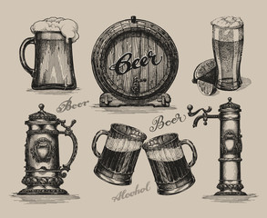 Beer set. Sketch elements for oktoberfest festival. Hand-drawn