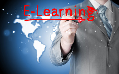 business man writing e-learning concept
