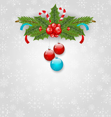 Christmas background with balls, holly berry, pine and sweet can