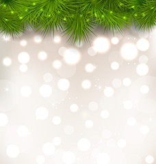 Fototapeta na wymiar Christmas light background with realistic fir twigs