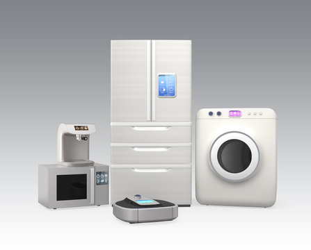 Set of household appliances on gray background