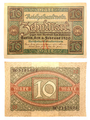 Fototapeta na wymiar Reichsbanknote Banknote 1920 Vorderseite und Rückseite